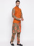 Vastramay Men's Orange Twill Jacket, Printed Kurta and Pyjama Set